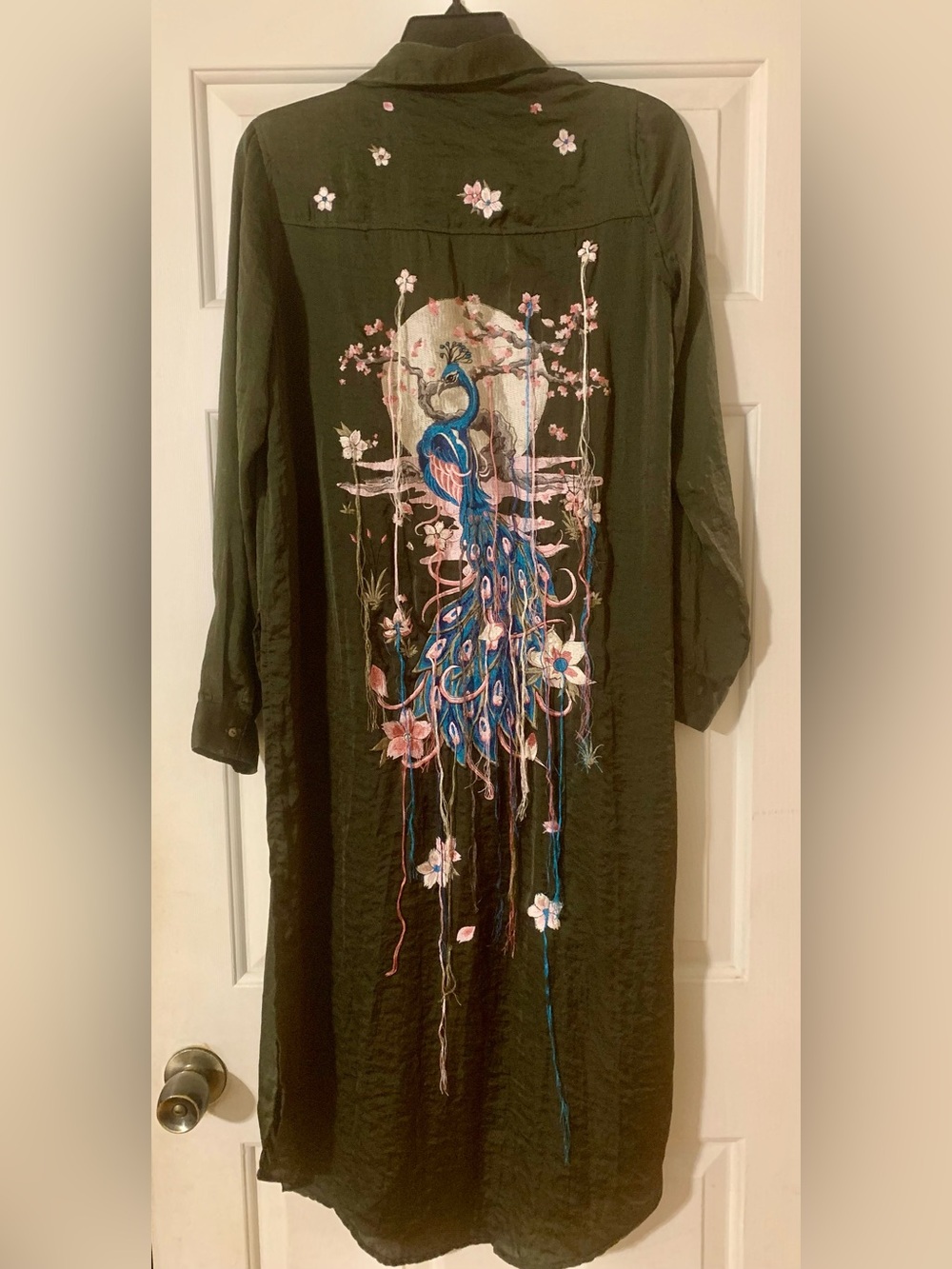 Zara Woman Olive Green Long Sleeve Dress/Jacket with Embroidered Peacock